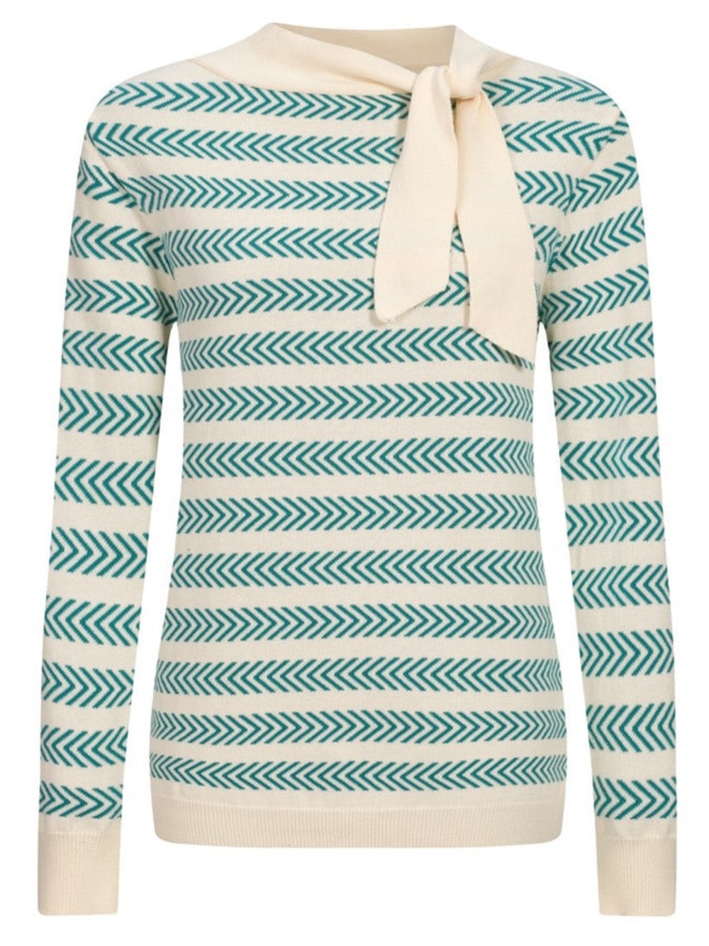Oxknit new nwt  Cream & Teal Striped Tie-Neck Sweater small